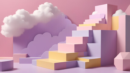 Fototapeta premium Pastel Dreams: A whimsical and abstract 3D render with a pastel color palette, featuring a staircase leading to a sky of fluffy clouds, perfect for showcasing products, branding.