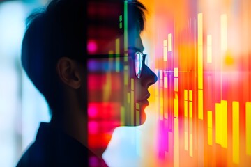 A man with glasses is looking at a colorful image of a woman's face