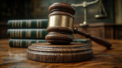 Gavel on Wooden Table with Law Books and Scales of Justice in Background