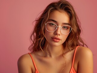 Young woman in a trendy red outfit poses gracefully against a soft pink background, wearing stylish glasses and exuding a chic, modern vibe.