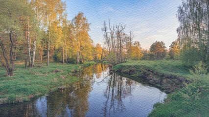 River with a reflection of trees and a sky in the background