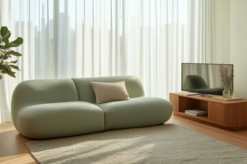 Fototapeta premium A warn relax sofa in a studio apartment, showcasing Japanese and Scandinavian interior design with TV space of living room 