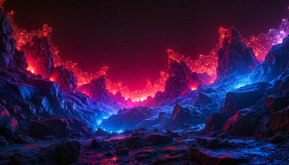 Fototapeta premium Futuristic glowing landscape with vibrant red and blue lava formations against a dark background 