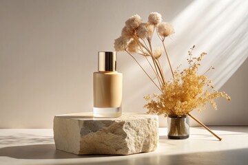 Beige Cosmetic Product Background: Stone Podium, Dried Flower Silhouette Photography