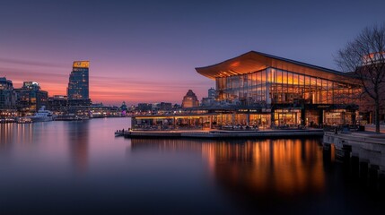 Obraz premium Illuminated waterfront building at sunset, city skyline reflected in calm water.