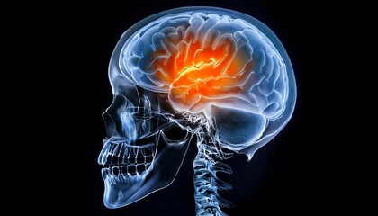 X-ray view of a human head, featuring a detailed visualization of the brain within the skull. The brain is illustrated in vibrant colors, highlighting structure of the cerebrum and cerebellum.
