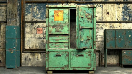 An old, rusty industrial locker with an open door, showcasing its worn texture and age.