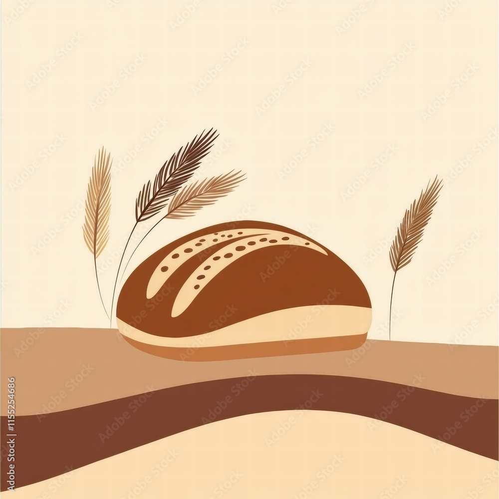 Poster Minimalist bread loaf surrounded by wheat grains on neutral background with space for text or branding. Generative AI