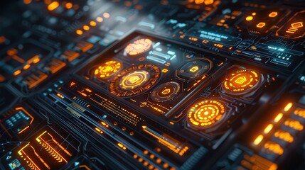 Obraz premium A futuristic digital interface with glowing touchscreens and vibrant data flows. 