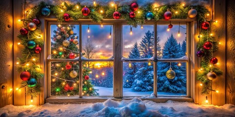 Naklejka premium Christmas Window Decor Square Photo: Festive Garland, Lights, & Ornaments Rule of Thirds Composition