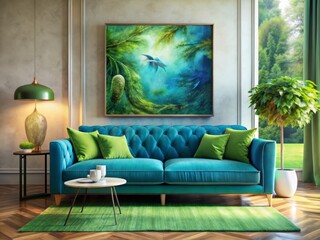 Close-Up Blue Green Living Room Sofa Wall Art Decor - Modern Interior Design
