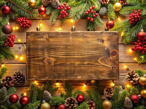 Christmas Wooden Sign Close-Up, Festive Decoration Background, Rustic Holiday Signboard, Space for Text, Winter Holiday Design