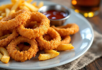 A photo of a plate with crispy fried breaded onion rings and french fries served with sauce