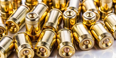 Close-Up Pistol Cartridge Casings: Top View, White Background - High-Resolution Photography