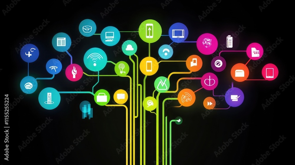 Poster digital ecosystem visualized with interconnected glowing icons