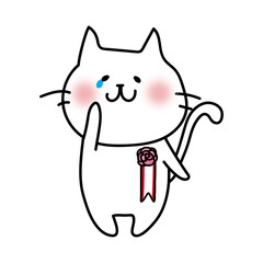 胸にコサージュを付けて泣いている白い猫