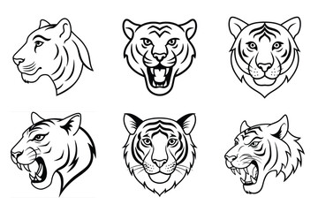 Tiger head liner set illustration. Animal face silhouette vector illustration