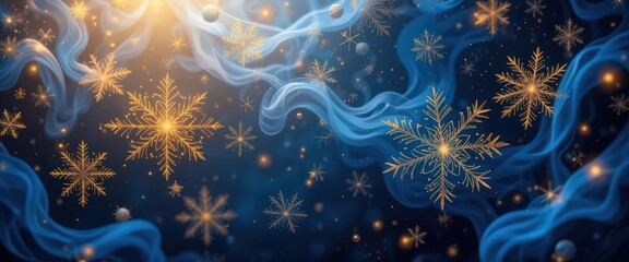 Golden snowflakes and swirling blue waves on a dark background.
