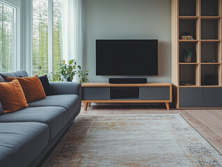 
A stylish living room soft warm sofa complemented by a simple TV. The Scandinavian living room includes a two-tone rug and greenery by the windows