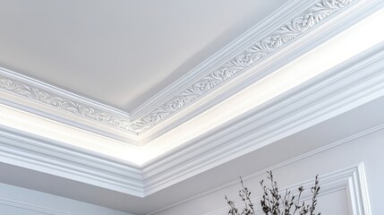 Dining room with a tray ceiling in bright white featuring intricate crown molding