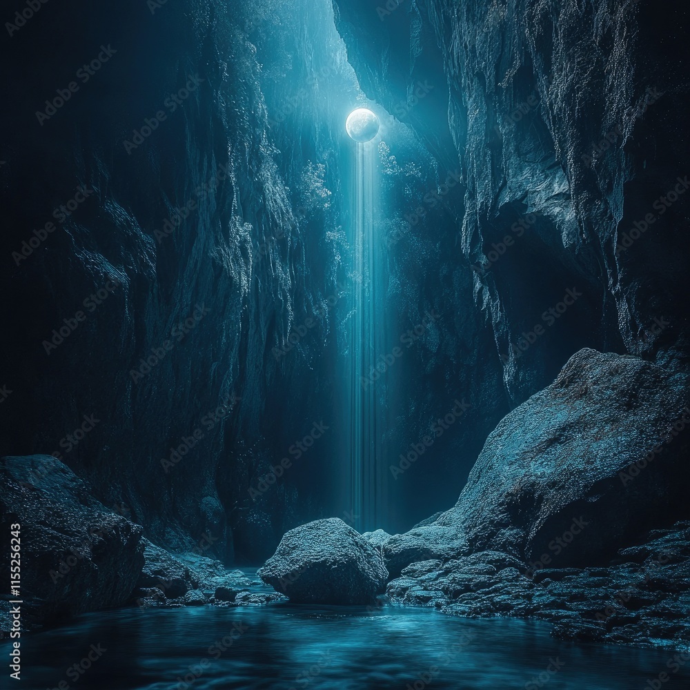 Poster a mystical cave illuminated by a beam of light and a floating orb, creating an ethereal atmosphere.