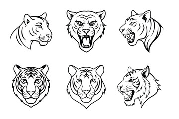 Tiger head liner set illustration. Animal face silhouette vector illustration