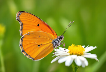Obraz premium Bright orange large mother of pearl butterfly sitting on a white flower against blurred green grass. Close up.