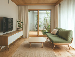 Fototapeta premium A stylish living room soft warm sofa complemented by a simple TV. The Scandinavian living room includes a two-tone rug and greenery by the windows