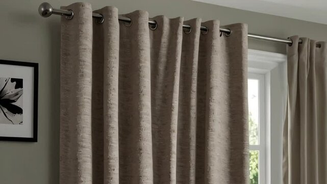A contemporary window treatment featuring elegant taupe curtains with eyelet rings, adding a touch of sophistication to any room.