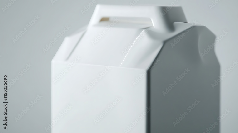 Poster white carton with angled top and handle on gray background.