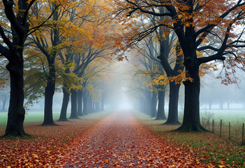 Fototapeta premium Empty autumn alley in a park with maples in late autumn. Mystical autumn landscape with morning fog and path in the park.