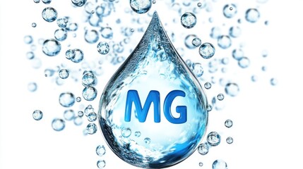Water droplets with small bubbles in them, surrounded by colorful circles and magnesium symbols in them, the concept of mineral water that has many good elements for the body
