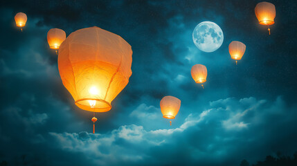 Traditional Sky Lanterns Illuminate Moonlit Turquoise Night During Mid-Autumn Festival
