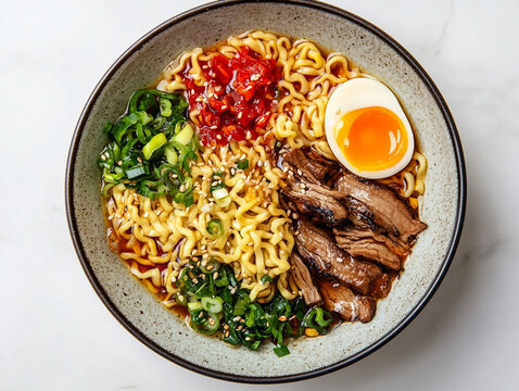 Remen meal with vegetables, eggs and meat