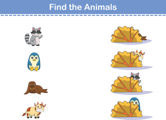 Find Hiding Animals. Child Exercise Sheet with wild animals. Printable worksheet. Cartoon vector illustration