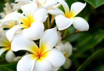 Fototapeta premium White and yellow plumeria flowers with green leaves in the background