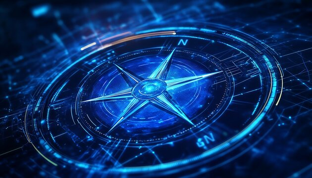 Futuristic Digital Compass with Holographic Map and Glowing Lines