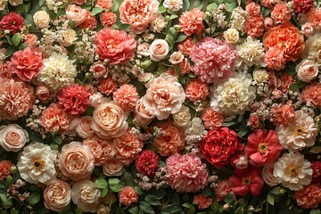 A vibrant array of peach and coral blossoms creates a floral tapestry