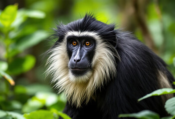 A black and white colobus monkey with a distinctive white ruff around its face, sitting in a lush green forest environment
