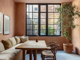 Fototapeta premium A beige sofa and chairs surrounding a light oak wooden table near a large window. Large living room decoration 