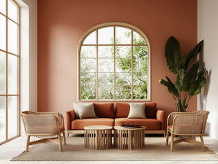 A beige sofa and chairs surrounding a light oak wooden table near a large window. Large living room decoration 