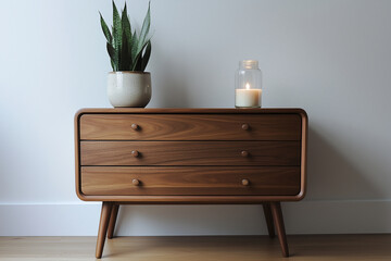 
A walnut chest of drawers with tapered legs against a pristine white wall.. place in the home entrance 