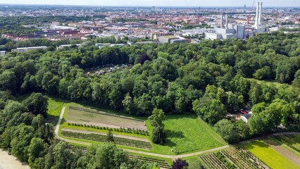 City of Munich in summer, a view from above. Lots of trees, residential areas and industrial objects to be seen.
