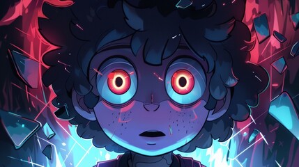 Close-up illustration of a boy with glowing red eyes amidst shattered glass and vibrant energy.