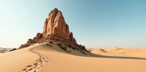 A solitary sandstone monolith rises majestically from the undulating desert sands, a path of footprints winding towards its base under a clear, pale sky.
