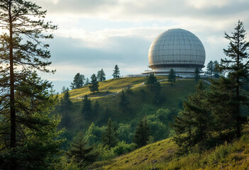 Obraz premium A large radar dome on a hill surrounded by trees and greenery
