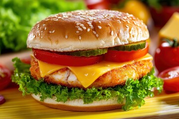 Delicious fish burger with tomatoes, cheese slices and fresh lettuce on yellow and red background 
