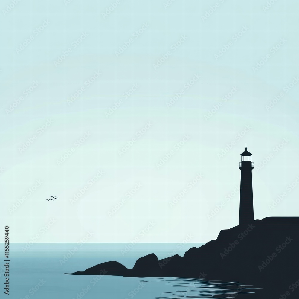 Poster Lighthouse silhouette at dawn over a calm sea with birds flying in the distance. Generative AI