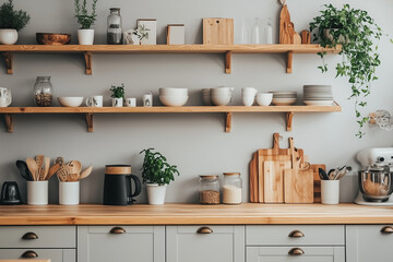  A minimal Scandinavian kitchen with cabinets and a warm wooden countertop, complemented by natural wood shelves