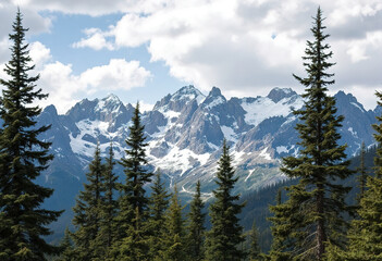 Obraz premium A scenic landscape with tall pine trees in the foreground and rugged, snow-capped mountains in the background under a partly cloudy sky